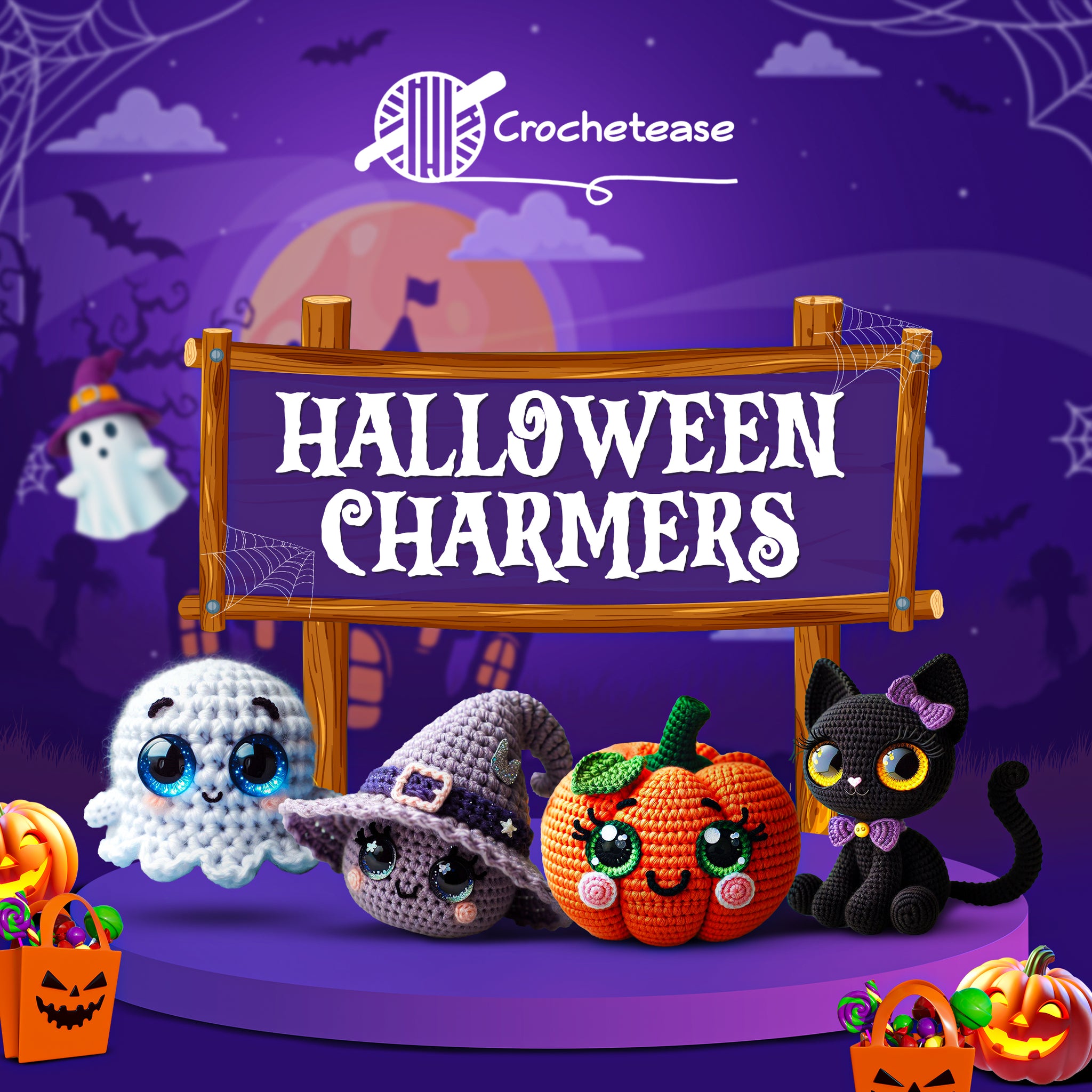 ハロウィン！ホラー変身ホログラム4点セット 4 in 1: Halloween Charmers – Crochet Pattern – Crochetease